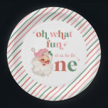 Retro Christmas pink Santa First Birthday Paper Plate<br><div class="desc">Retro Christmas Santa first birthday party with retro style pink santa and pink and red stripes. Oh what fun it is to be one!</div>