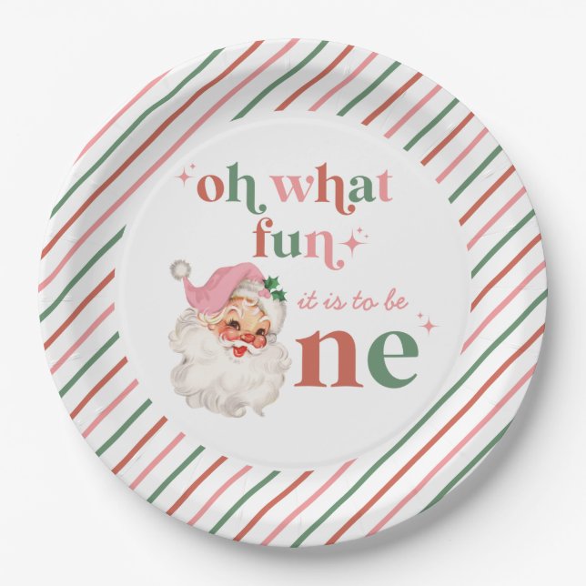 Retro Christmas pink Santa First Birthday Paper Plate (Front)