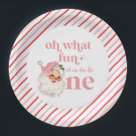 Retro Christmas pink Santa First Birthday Paper Plate<br><div class="desc">Retro Christmas Santa first birthday party with retro style pink santa and pink and red stripes. Oh what fun it is to be one!</div>