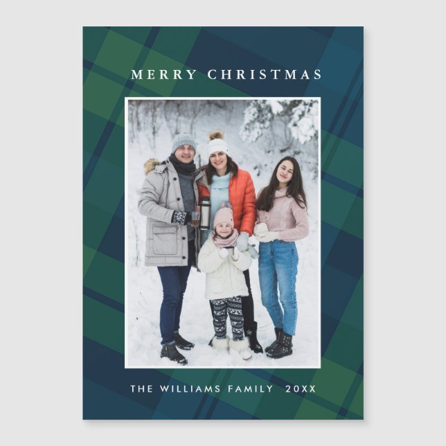 Retro Christmas Plaid PHOTO Magnetic Card (Front)