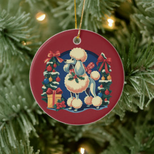 Retro Christmas Poodle Vintage 1950's Holiday Dog  Ceramic Ornament
