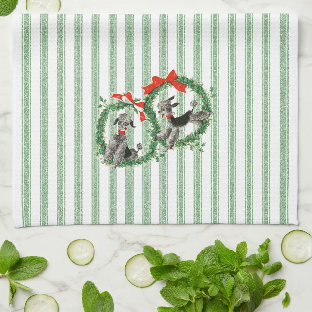 Retro Christmas Poodles green and white stripe Kitchen Towel (Folded)