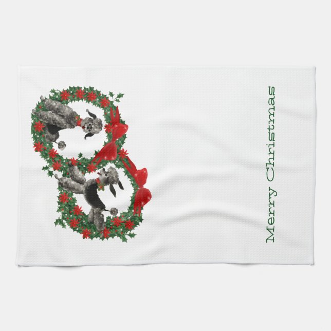 Retro Christmas Poodles in Wreaths Kitchen Towel (Horizontal)