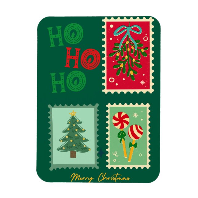 Retro Christmas Postage Card – Mistletoe, Tree & P Magnet (Vertical)