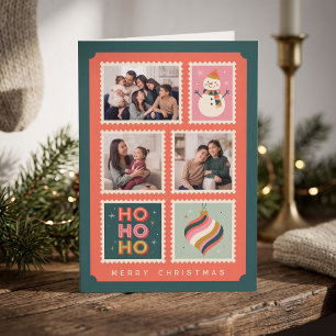Retro Christmas Postage Stamp Border Photo Collage Holiday Card