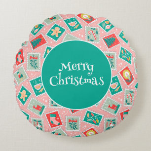 Retro Christmas Postage Stamps Round Pillow