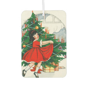 Retro Christmas Postcard, Child and Christmas Tree Air Freshener