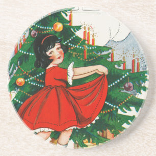 Retro Christmas Postcard, Child and Christmas Tree Coaster