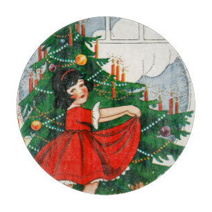 Retro Christmas Postcard, Child and Christmas Tree Cutting Board