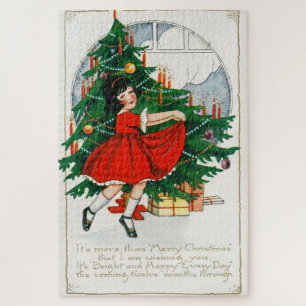 Retro Christmas Postcard, Child and Christmas Tree Jigsaw Puzzle