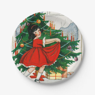 Retro Christmas Postcard, Child and Christmas Tree Paper Plate