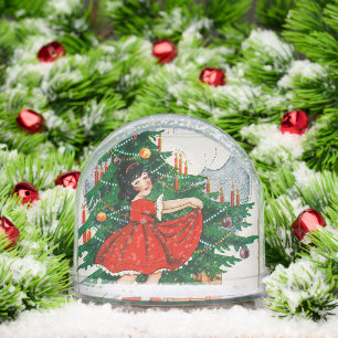 Retro Christmas Postcard, Child and Christmas Tree Snowglobe
