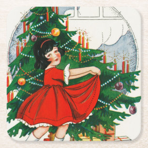 Retro Christmas Postcard, Child and Christmas Tree Square Paper Coaster