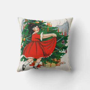 Retro Christmas Postcard, Child and Christmas Tree Throw Pillow