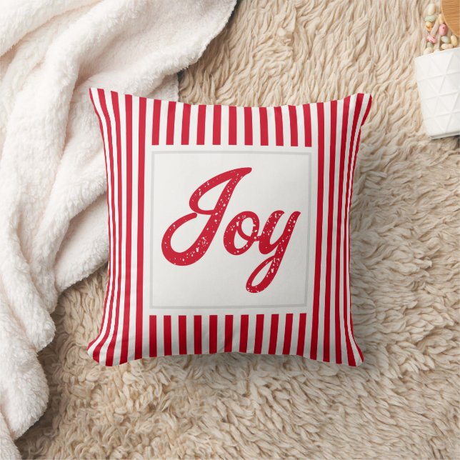 Retro Christmas Red And White Stripes Joy  Throw Pillow (Blanket)