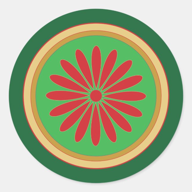 Retro Christmas Red Green Stylized Circle Stickers (Front)