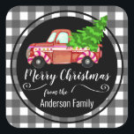 Retro Christmas Red Truck Family Name Square Sticker<br><div class="desc">Fun retro red truck with Christmas tree. Candy themed truck. Personalized family name favour seals,  envelope seals,  or just fun Christmas stickers.</div>