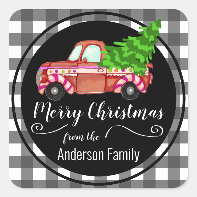 Retro Christmas Red Truck Family Name Square Sticker (Front)