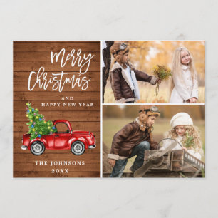Retro Christmas Red Truck Rustic 2 PHOTO Greeting Holiday Card