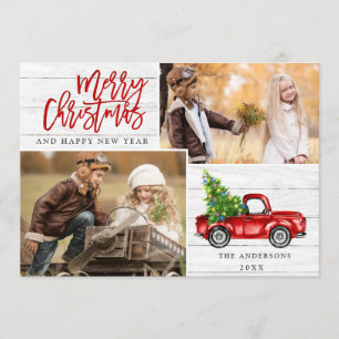 Retro Christmas Red Truck Rustic 2 PHOTO Greeting Holiday Card