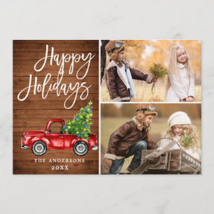 Retro Christmas Red Truck Rustic 2 PHOTO Greeting Holiday Card