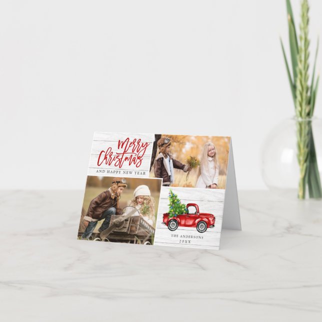 Retro Christmas Red Truck Rustic 2 PHOTO Greeting Holiday Card (Front)