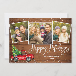 Retro Christmas Red Truck Rustic 3 PHOTO Greeting Holiday Card