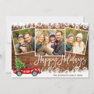Retro Christmas Red Truck Rustic 3 PHOTO Greeting Holiday Card