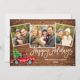 Retro Christmas Red Truck Rustic 3 PHOTO Greeting Holiday Card