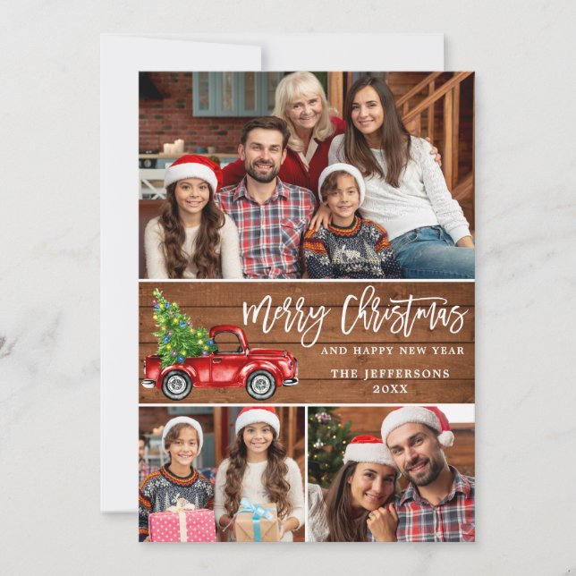 Retro Christmas Red Truck Rustic 3 PHOTO Greeting Holiday Card (Front)