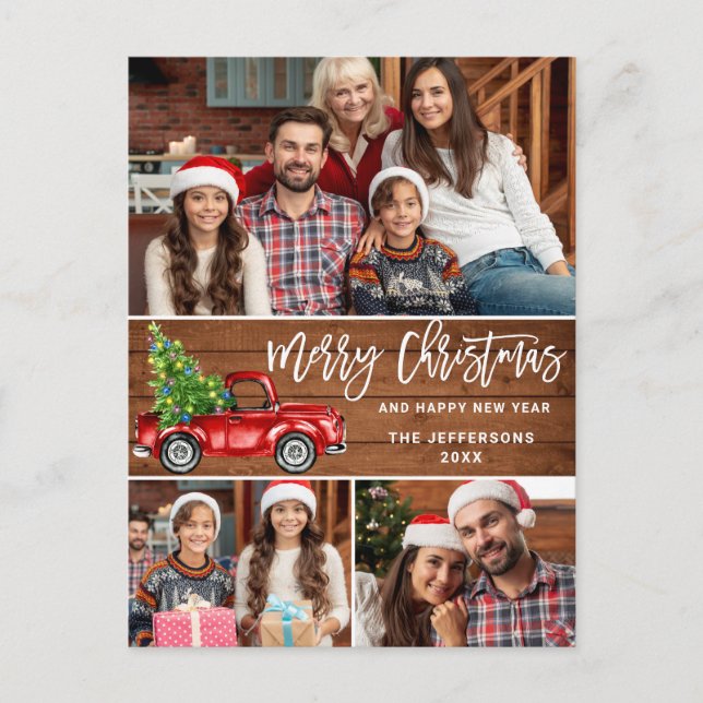 Retro Christmas Red Truck Rustic 3 PHOTO Greeting Postcard (Front)