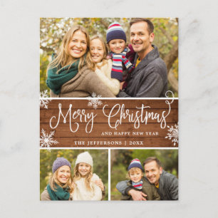 Retro Christmas Red Truck Rustic 3 PHOTO Greeting Postcard