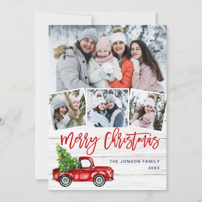 Retro Christmas Red Truck Rustic 4 PHOTO Greeting Holiday Card (Front)