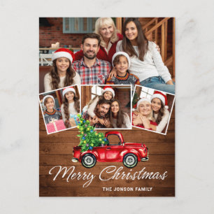 Retro Christmas Red Truck Rustic 4 PHOTO Greeting Postcard