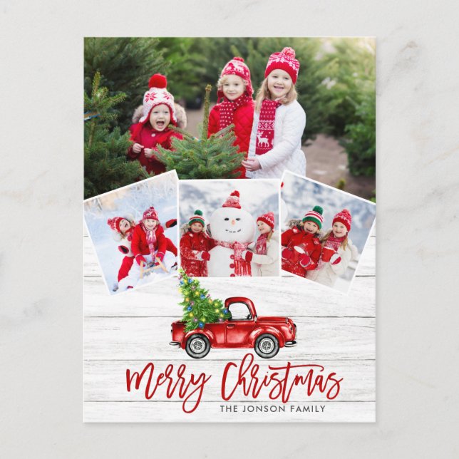 Retro Christmas Red Truck Rustic 4 PHOTO Greeting Postcard (Front)