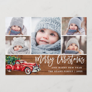 Retro Christmas Red Truck Rustic 5 PHOTO Greeting Holiday Card