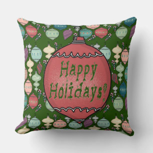 Retro Christmas Reload - Pastels on Bottle Green Throw Pillow