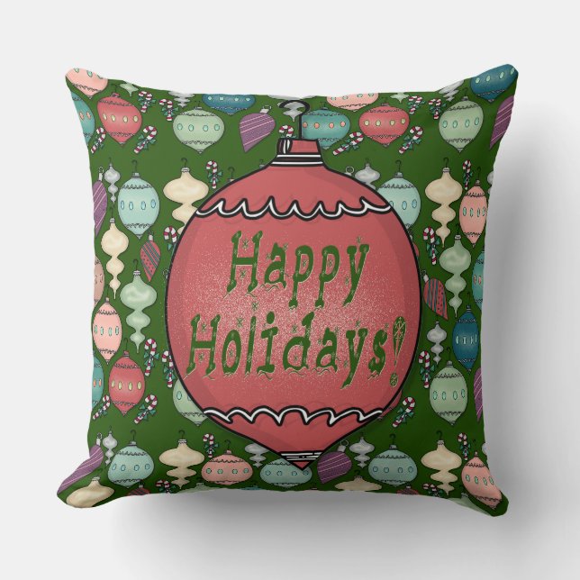 Retro Christmas Reload - Pastels on Bottle Green Throw Pillow (Front)