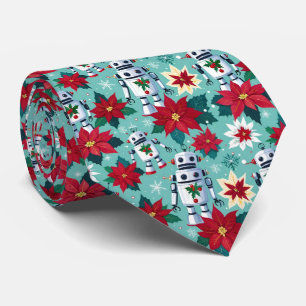 Retro Christmas Robots and Poinsettias Mint Green Tie