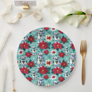 Retro Christmas Robots and Poinsettias Paper Plate