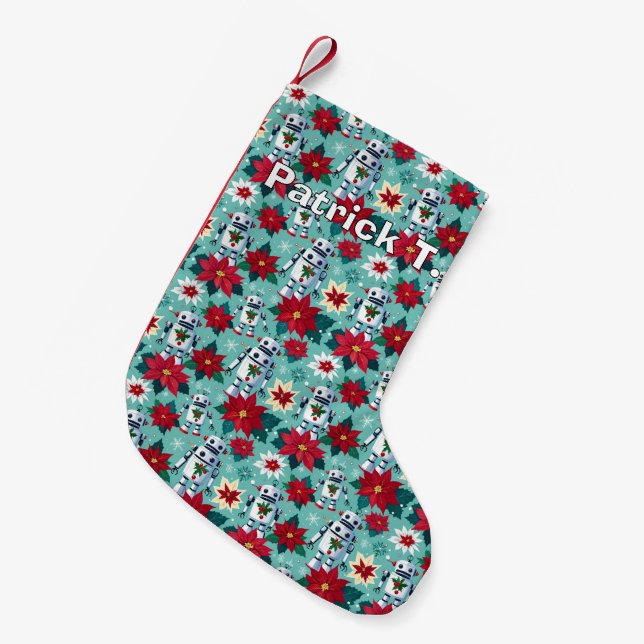 Retro Christmas Robots and Poinsettias Small Christmas Stocking (Front (Hanging))