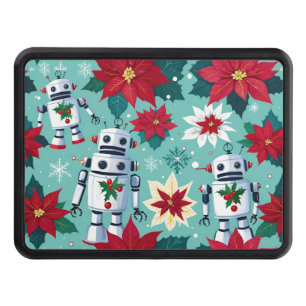 Retro Christmas Robots and Poinsettias Trailer Hitch Cover