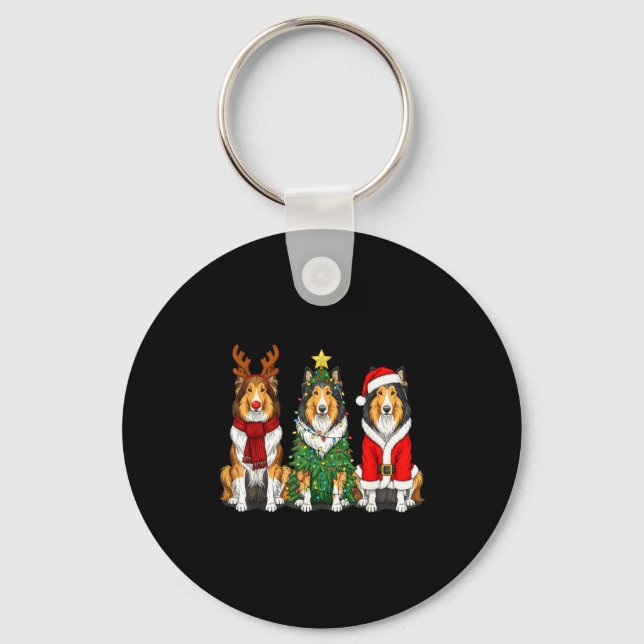 Retro Christmas Rough Collie Santa Reindeer Dog Lo Keychain (Front)