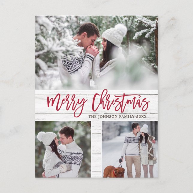 Retro Christmas Rustic  3 PHOTO Greeting Holiday Postcard (Front)