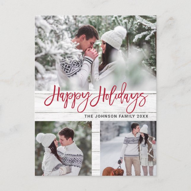 Retro Christmas Rustic  3 PHOTO Greeting Holiday Postcard (Front)