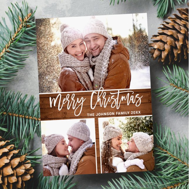 Retro Christmas Rustic  3 PHOTO Greeting Holiday Postcard (Creator Uploaded)