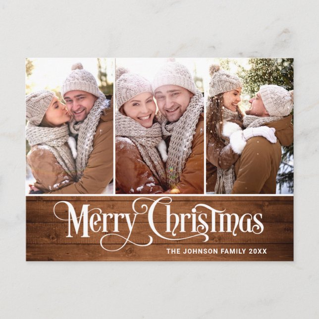 Retro Christmas Rustic  3 PHOTO Greeting Holiday Postcard (Front)