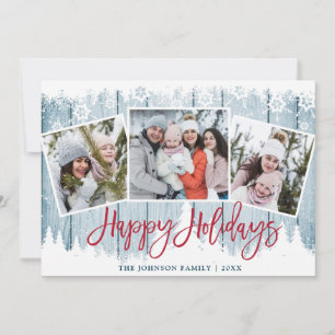 Retro Christmas  Rustic Blue Wood 3 PHOTO Greeting Holiday Card