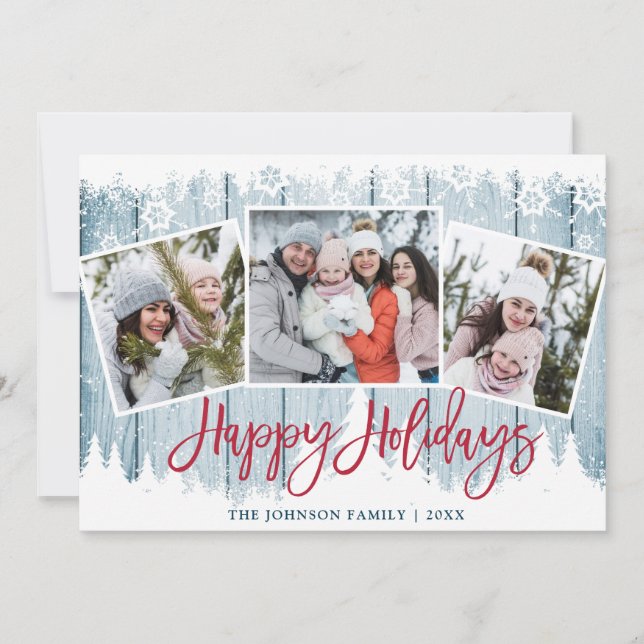 Retro Christmas  Rustic Blue Wood 3 PHOTO Greeting Holiday Card (Front)