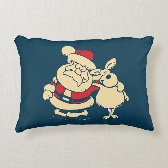 Retro Christmas Santa and his Reindeer Buddy Accent Pillow (Front)
